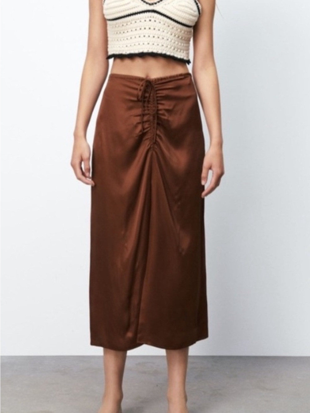 Zara Brown Satin Ruched Midi Skirt